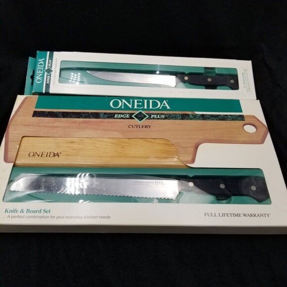 Vintage 1992 Cheese Cutting Board Oneida Edge Knife Stainless Steel Kitchen Set - Picture 1 of 4